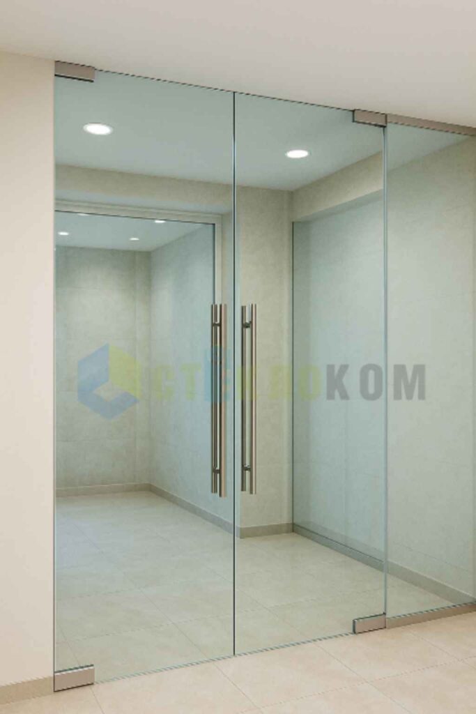 Перегородка из закаленного стекла с маятниковой распашной дверью