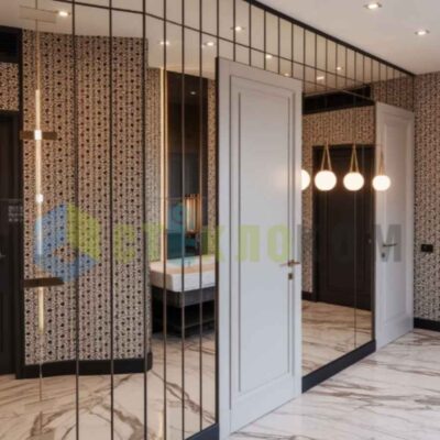 Фото готовой зеркальной стены, зеркальными панелями с фацетом