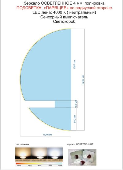 Макет зеркала полукруглой формы с подсветкой