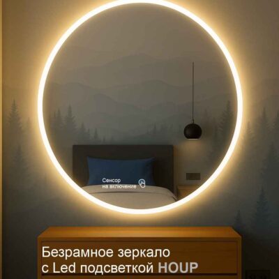Круглое зеркало с фронтальной подсветкой в светлой спальне, серия Houp3