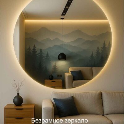 Большое круглое зеркало с подсветкой Buble в интерьере