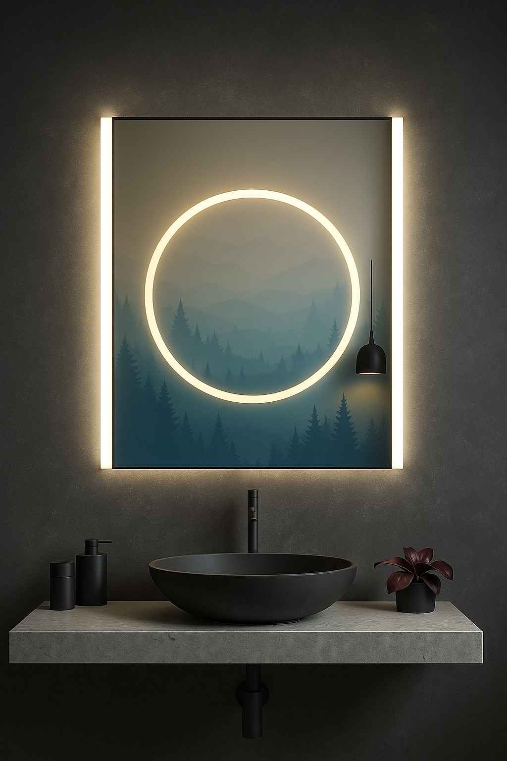 SIMVOL рендер Зеркало SIMVOL с фронтальной и парящей LED-подсветкой для ванной комнаты — изображение 1