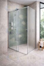 Угловая кабина с раздвижными дверями в матовом стекле