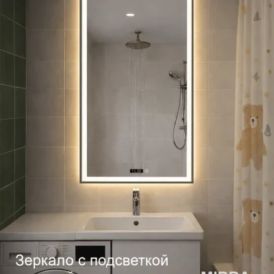 Зеркало с часами фронтальной подсветкой и обогревом для ванный в интерьере